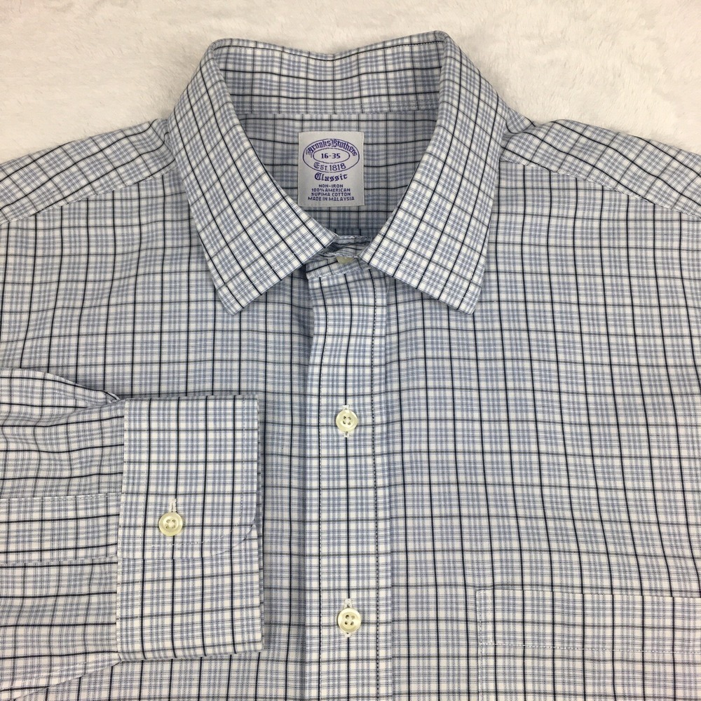 Brooks Brothers Dress Shirt Mens 16-35 Blue Plaid Purple Label No Iron Classic